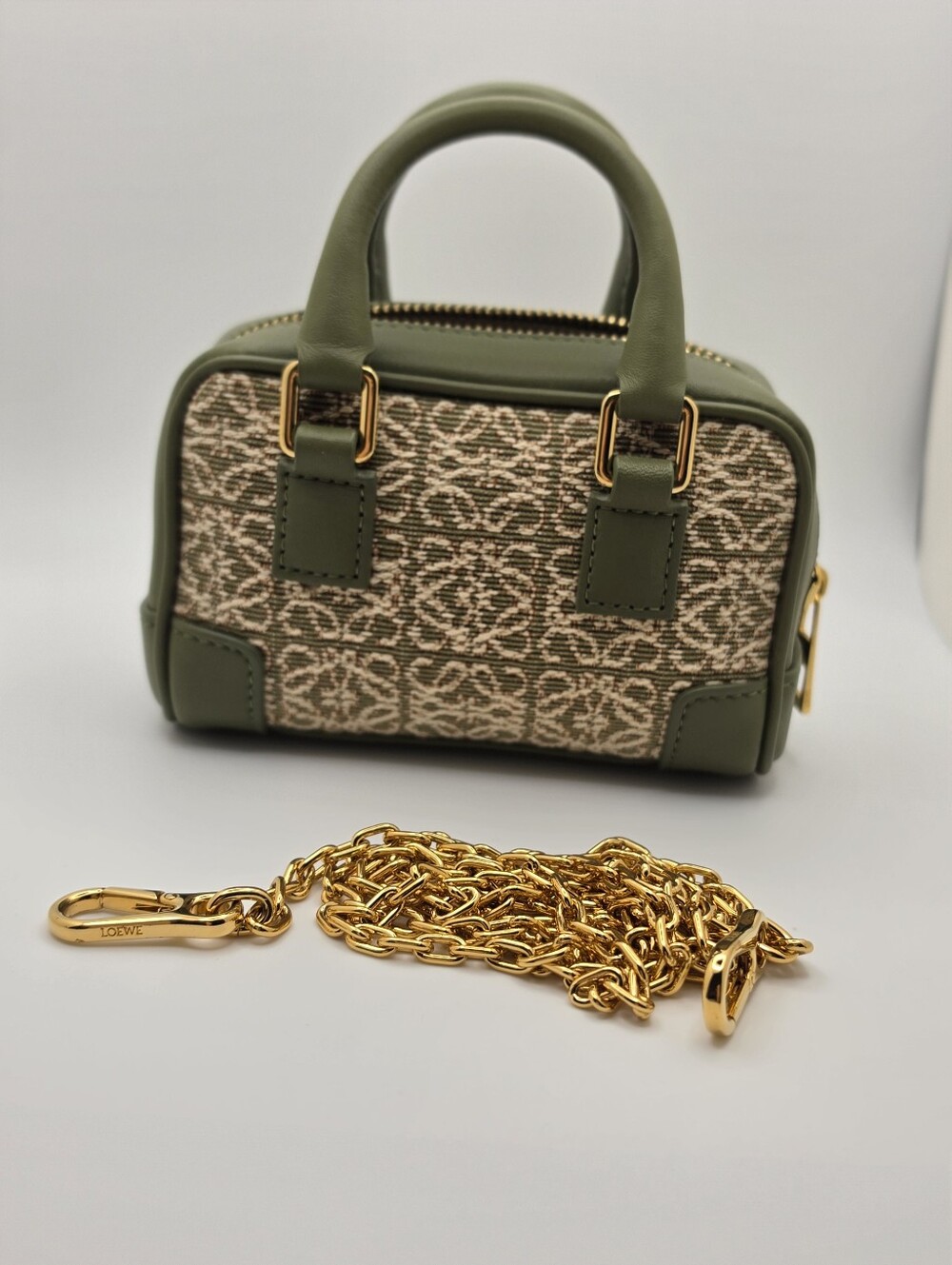 Loewe Amazona Nano Green Leather Jacquard Canvas Crossbody Bag Authentic - Picture 3 of 6